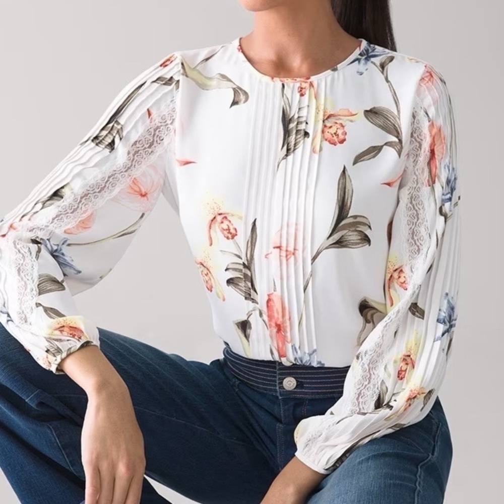 White House Black Market Floral Top Blouse balllon sleeve boatneck